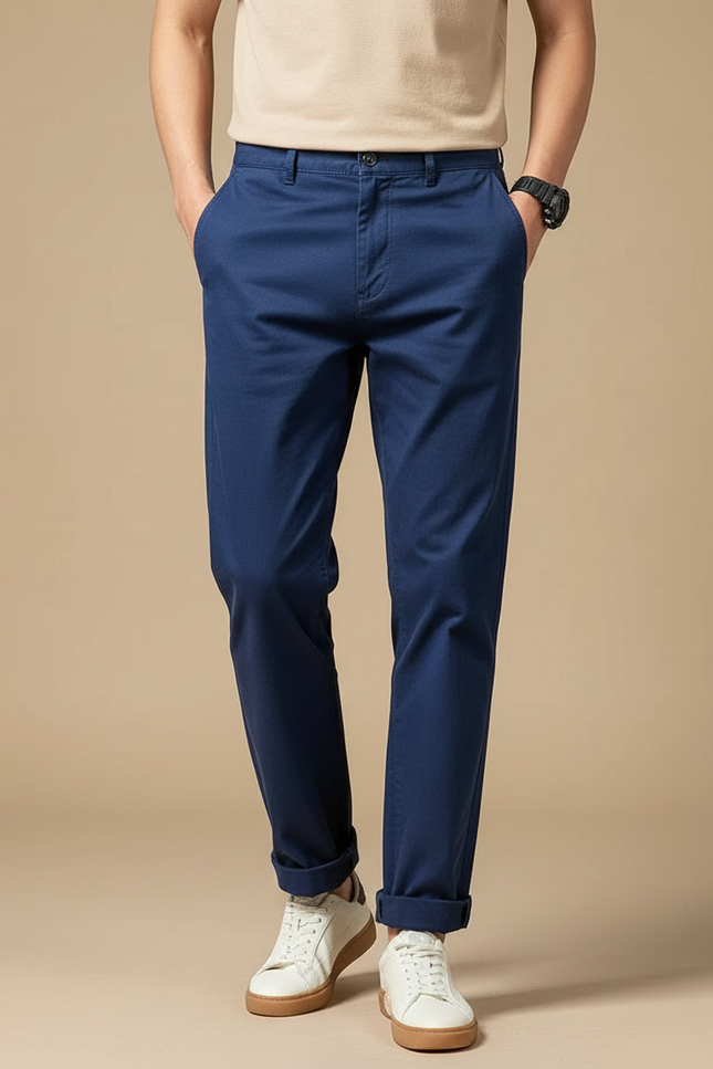 Pantalon Chinois Bleu Marine Décontracté Coton Homme Droit