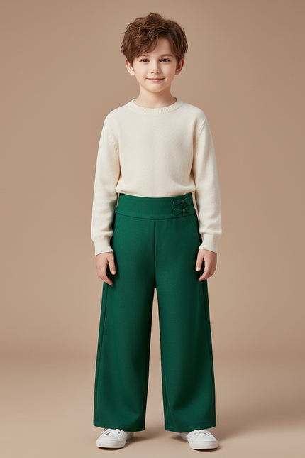 Pantalon Chinois Vert Ample Lisse Décontracté Enfant - Polyester