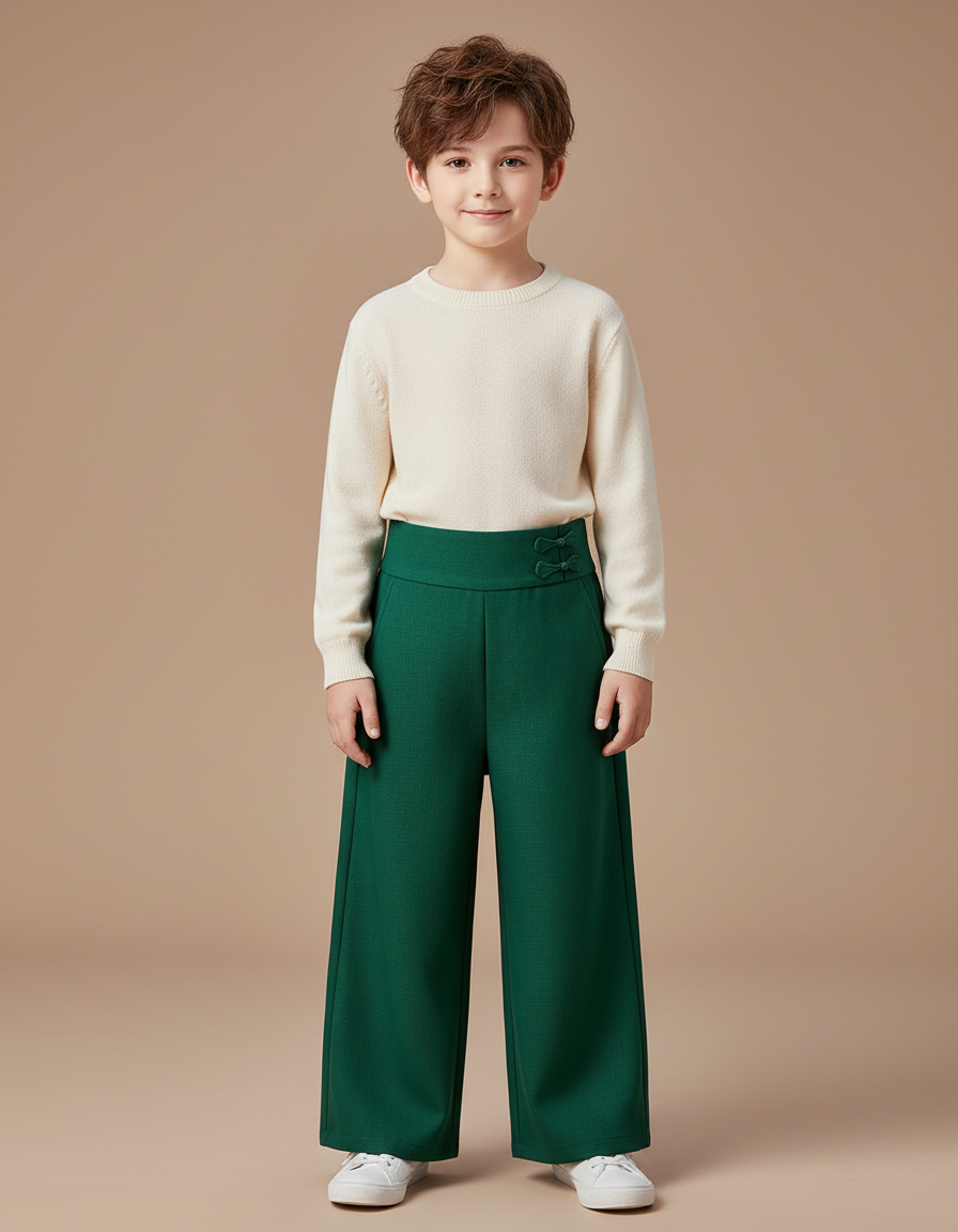 Pantalon Chinois Vert Ample Lisse Décontracté Enfant - Polyester