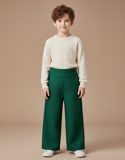 Pantalon Chinois Vert Ample Lisse Décontracté Enfant - Polyester