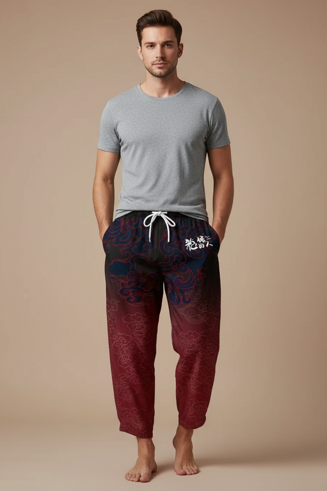 Pantalon Chinois Harem Dragon Rouge Noir Dégradé - Multicolore Polyester