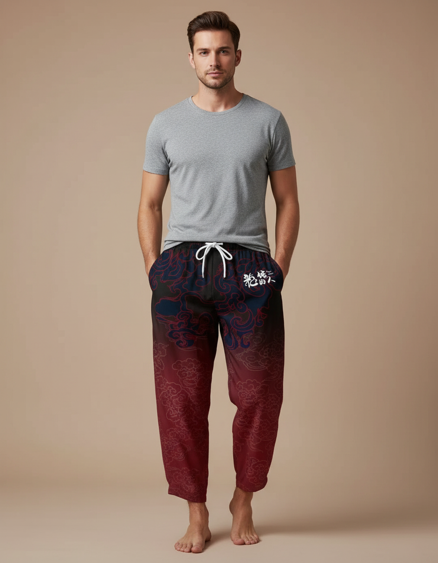 Pantalon Chinois Harem Dragon Rouge Noir Dégradé - Multicolore Polyester
