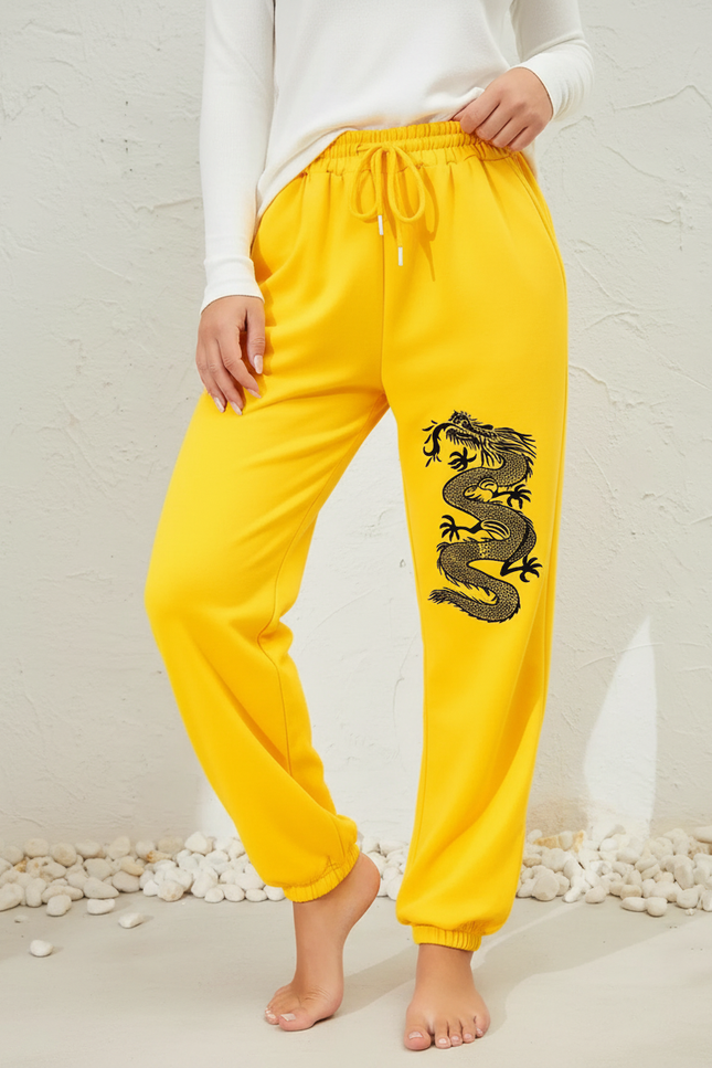 Pantalon Chinois Jaune Dragon Imprimé Jogger Décontracté - Molleton