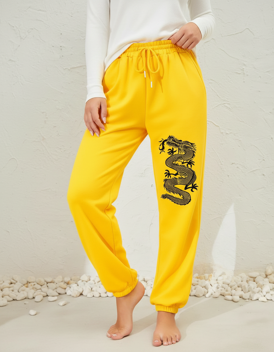 Pantalon Chinois Jaune Dragon Imprimé Jogger Décontracté - Molleton
