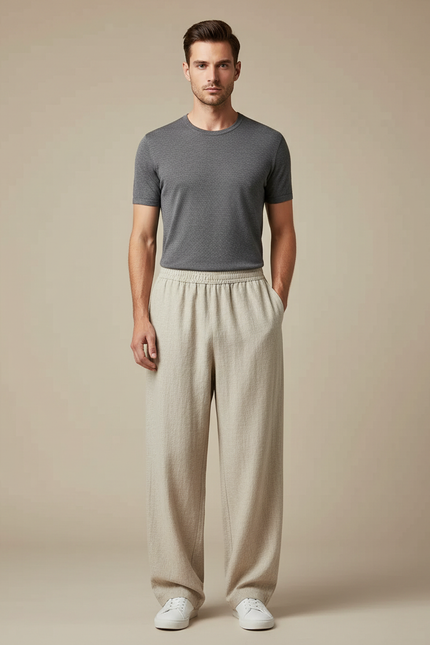 Pantalon Chinois Lin Beige Ample Décontracté Homme