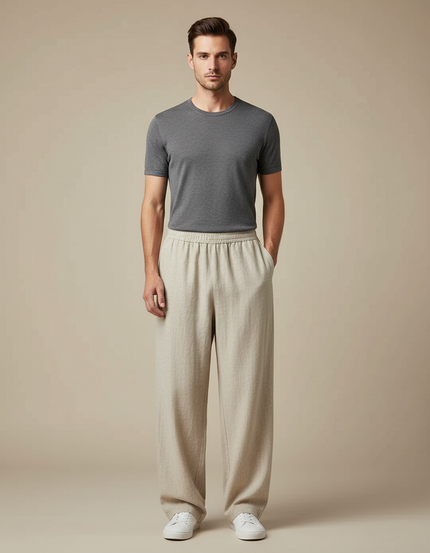Pantalon Chinois Lin Beige Ample Décontracté Homme