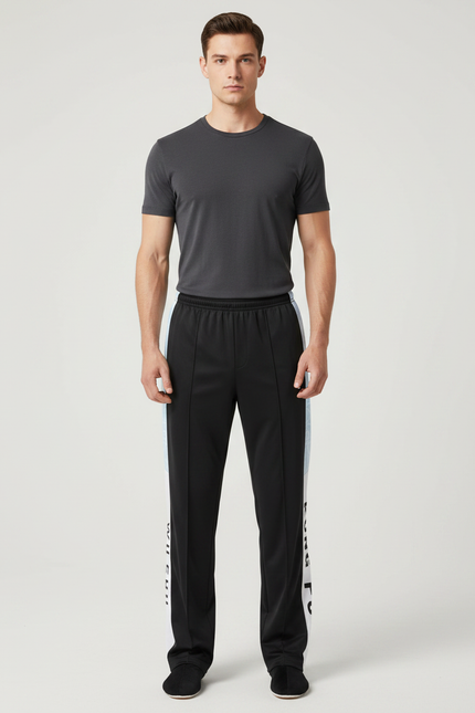 Pantalon Chinois Noir Bandes Blanches Imprimées Sport - Polyester