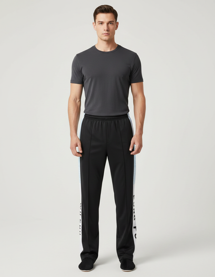 Pantalon Chinois Noir Bandes Blanches Imprimées Sport - Polyester
