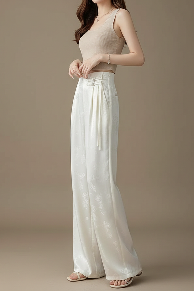 Pantalon Chinois Blanc Satin Jacquard Ample Femme