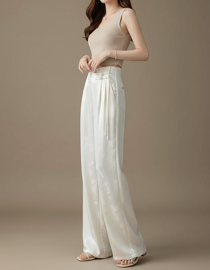 Pantalon Chinois Blanc Satin Jacquard Ample Femme