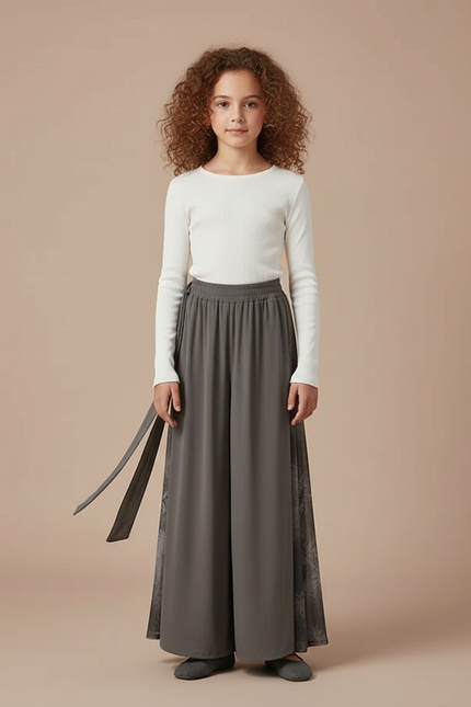 Pantalon Chinois Gris Fluide Ample Imprimé Fille - Polyester