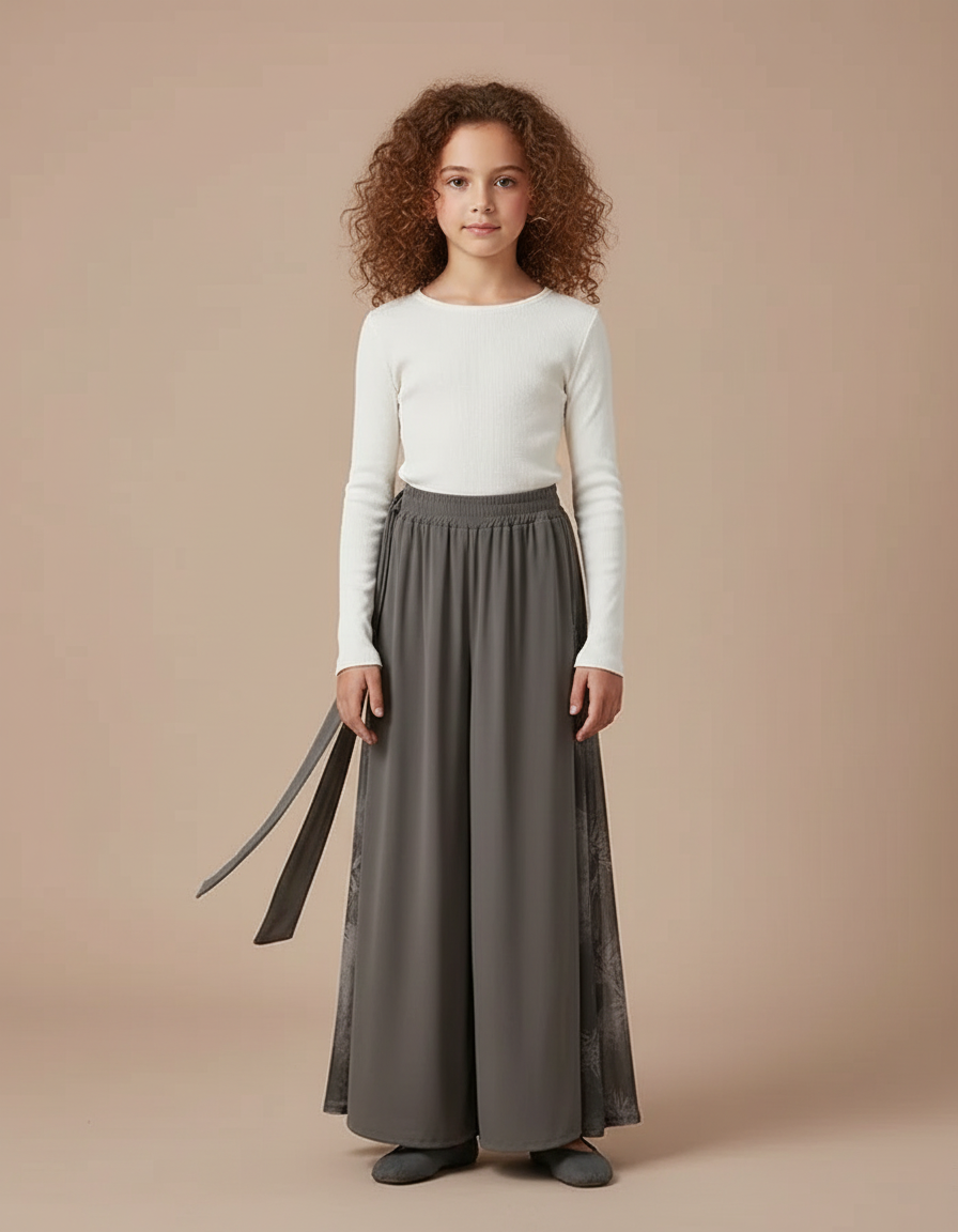 Pantalon Chinois Gris Fluide Ample Imprimé Fille - Polyester