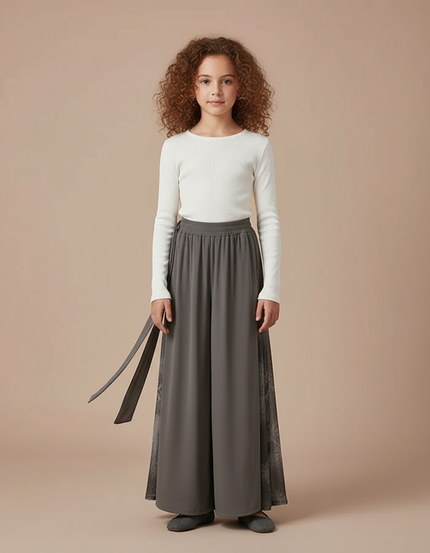 Pantalon Chinois Gris Fluide Ample Imprimé Fille - Polyester