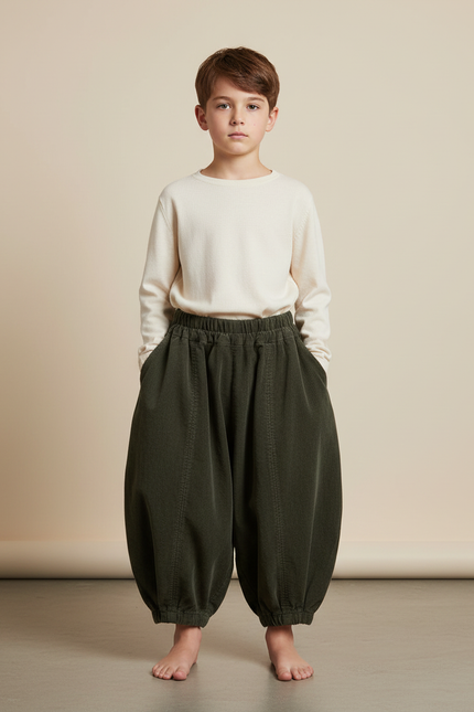 Pantalon Chinois Vert Côtelé Ample Enfant Rétro - Cordé
