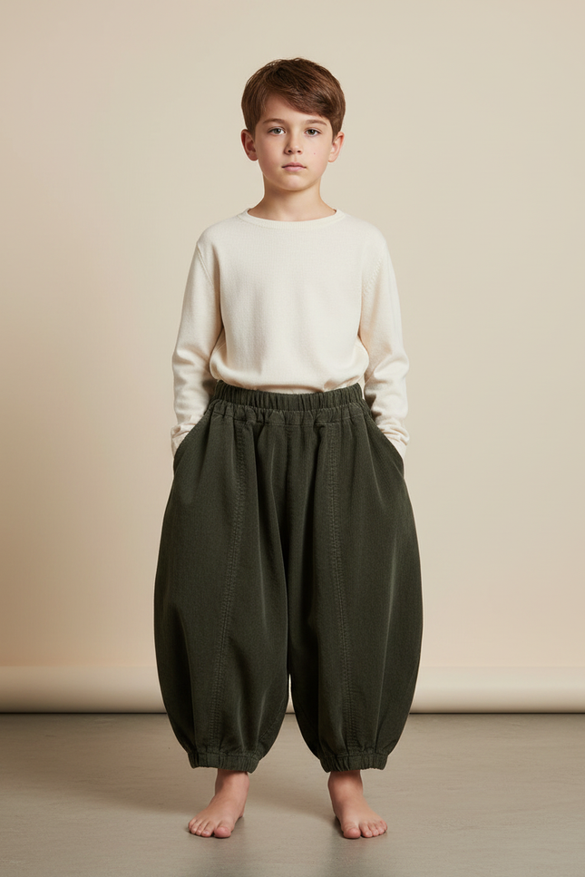 Pantalon Chinois Vert Côtelé Ample Enfant Rétro - Cordé