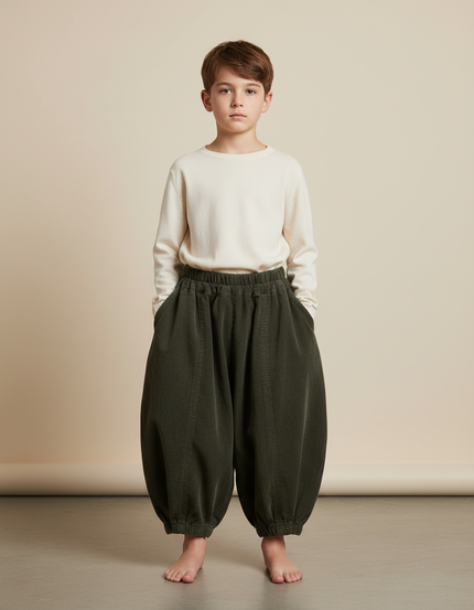 Pantalon Chinois Vert Côtelé Ample Enfant Rétro - Cordé