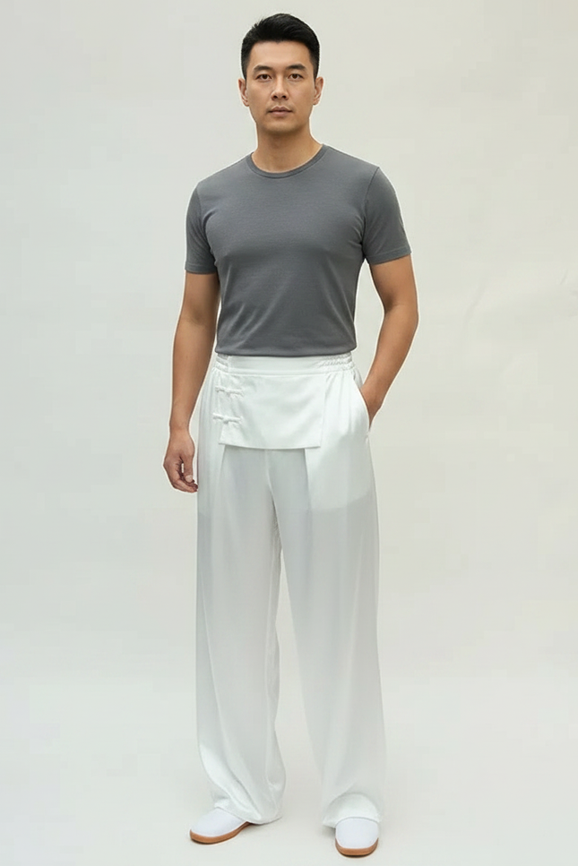 Pantalon Chinois Blanc Satin Ample Fluide Unisexe