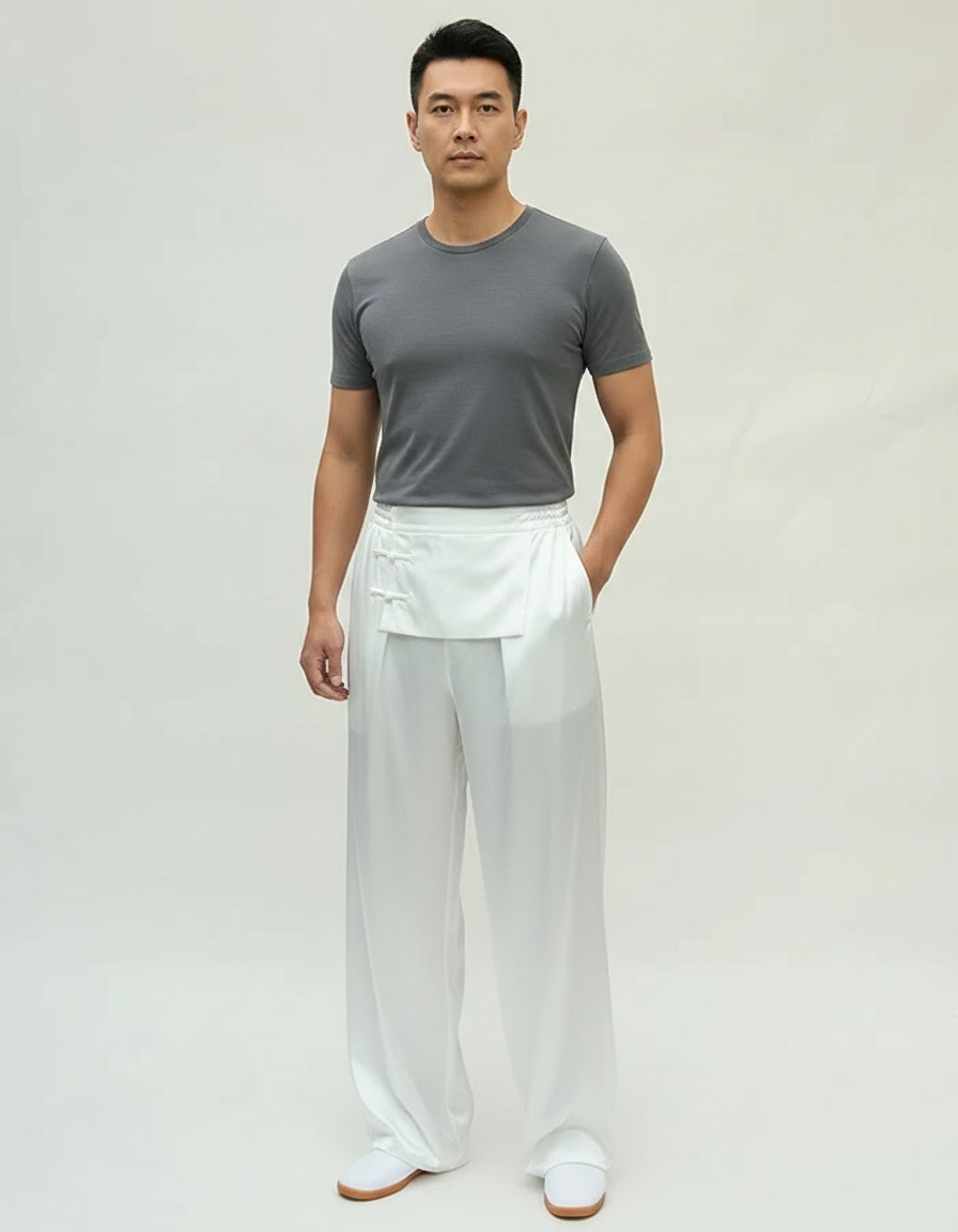 Pantalon Chinois Blanc Satin Ample Fluide Unisexe