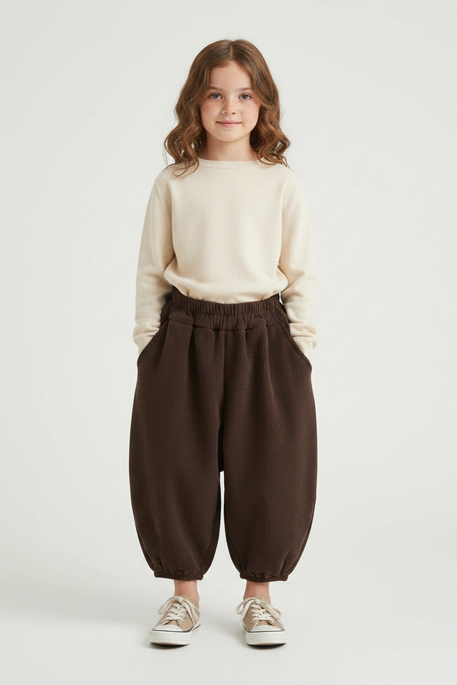 Pantalon Chinois Côtelé Ample Marron Fille Hiver - Cordé