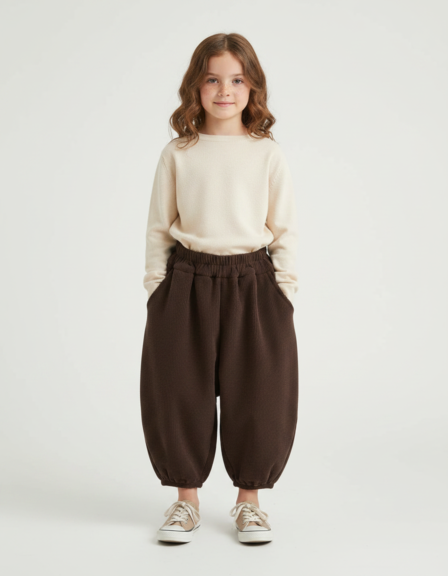 Pantalon Chinois Côtelé Ample Marron Fille Hiver - Cordé