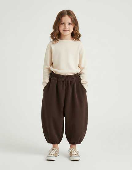 Pantalon Chinois Côtelé Ample Marron Fille Hiver - Cordé