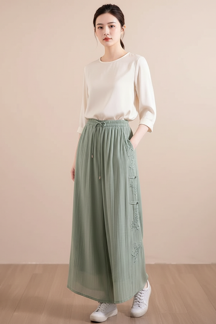 Pantalon Chinois Vert Ample Plissé Brodé Tencel - Viscose