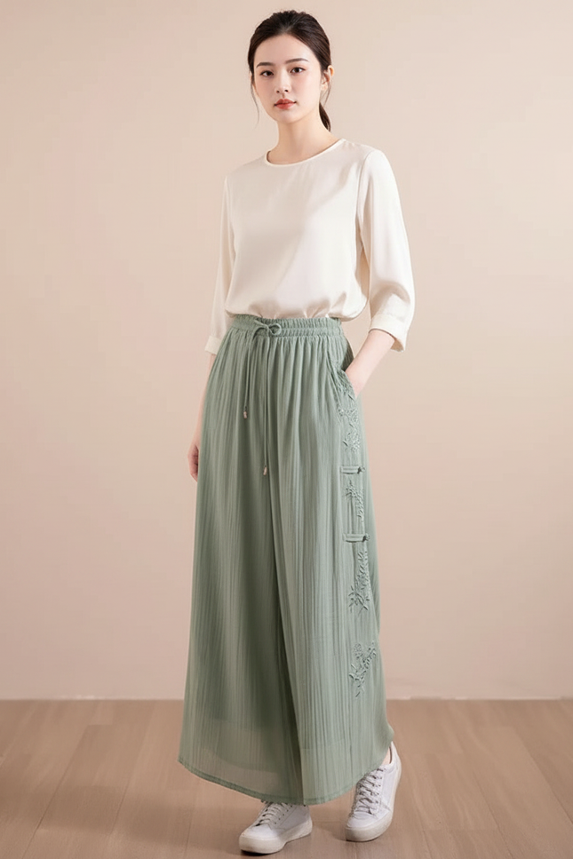 Pantalon Chinois Vert Ample Plissé Brodé Tencel - Viscose