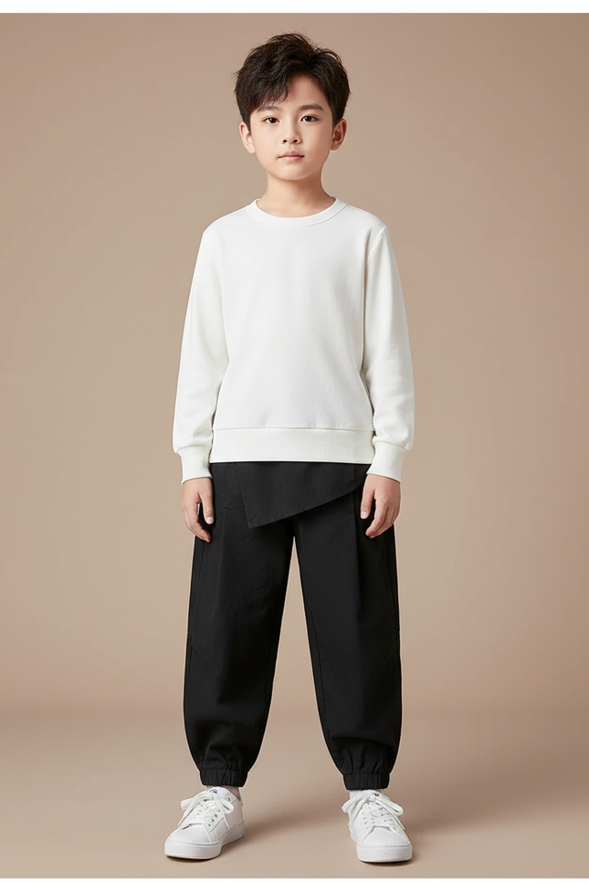 Pantalon Chinois Noir Ample Coton Décontracté Garçon - Polyester