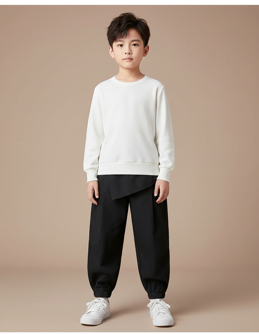 Pantalon Chinois Noir Ample Coton Décontracté Garçon - Polyester