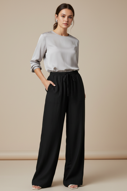 Pantalon Chinois Noir Ample Fluide Décontracté Lin