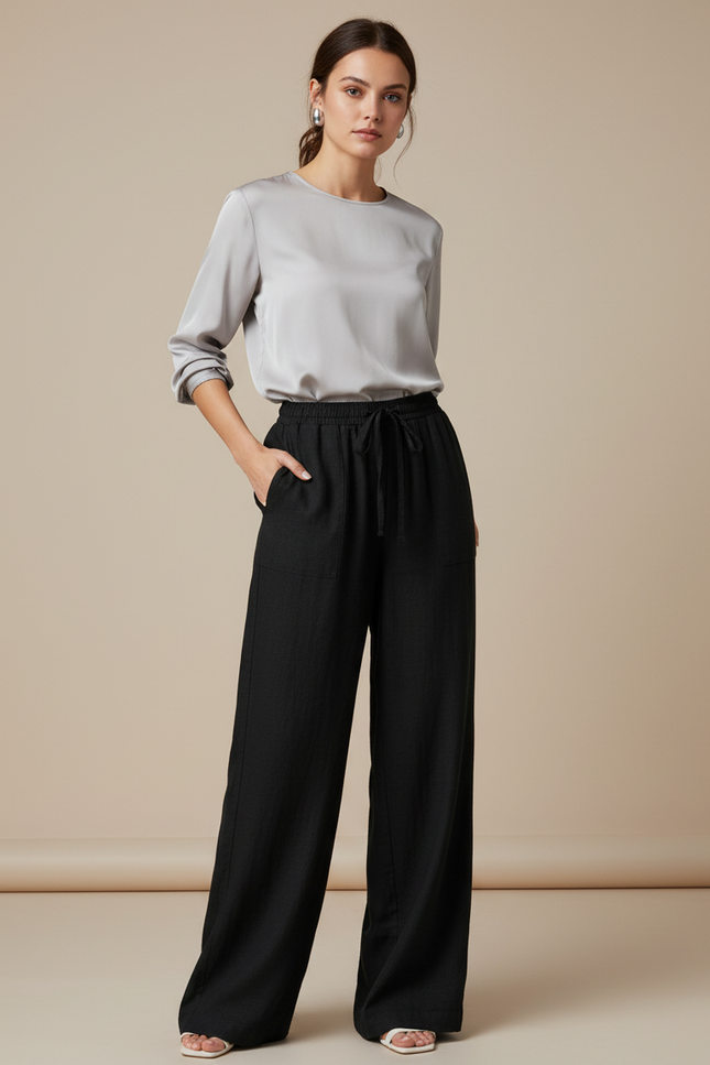 Pantalon Chinois Noir Ample Fluide Décontracté Lin