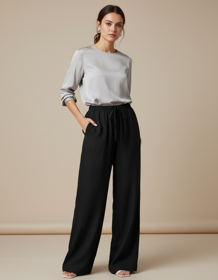 Pantalon Chinois Noir Ample Fluide Décontracté Lin