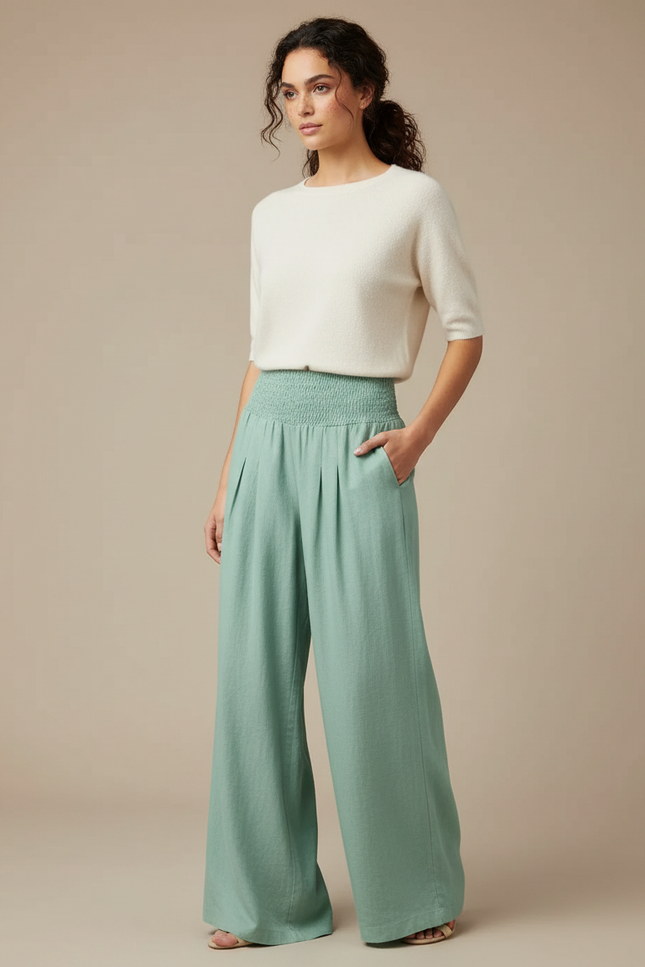 Pantalon Chinois Vert Fluide Ample Smocké Confortable - Lin