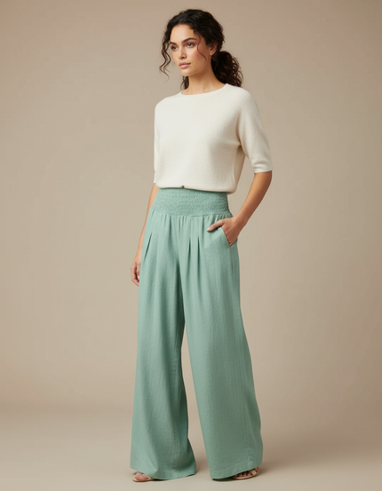Pantalon Chinois Vert Fluide Ample Smocké Confortable - Lin