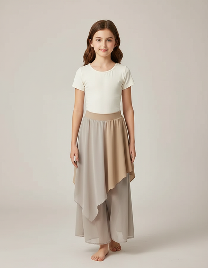 Pantalon Chinois Fluide Superposé Marron Gris Élégant Fille - Multicolore Polyester