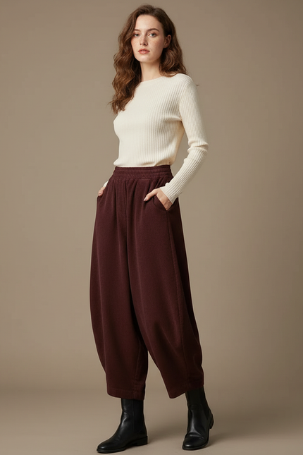 Pantalon Chinois Harem Coton Ample Marron Confortable - Bordeaux