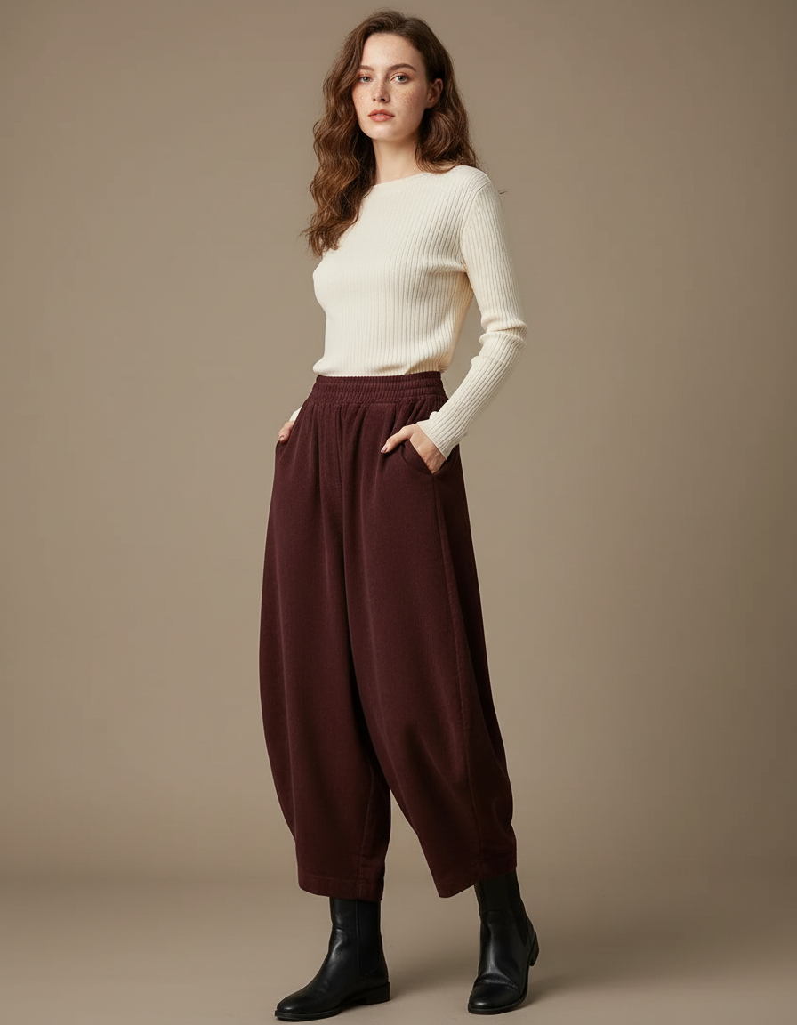Pantalon Chinois Harem Coton Ample Marron Confortable - Bordeaux