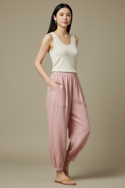 Pantalon Chinois Rose Ample Lin Élastiqué Femme