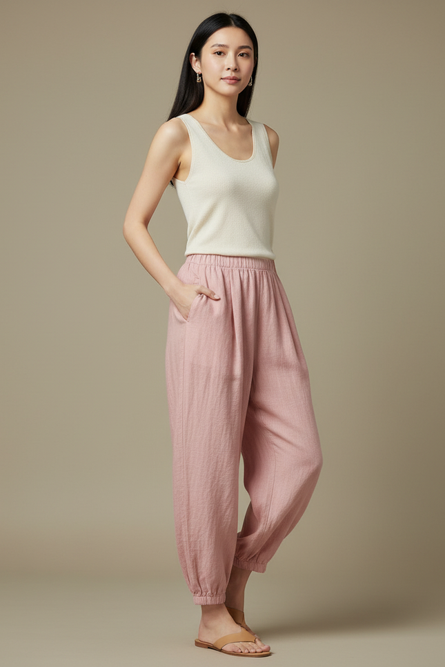 Pantalon Chinois Rose Ample Lin Élastiqué Femme