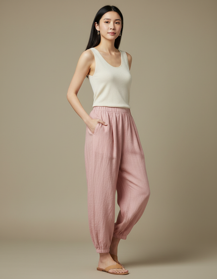 Pantalon Chinois Rose Ample Lin Élastiqué Femme