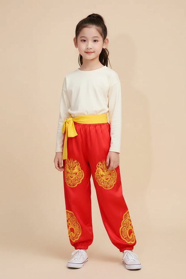 Pantalon Chinois Rouge Satiné Dragon Ample Enfant