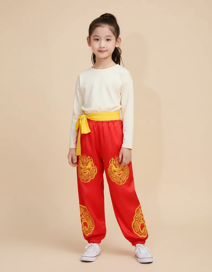 Pantalon Chinois Rouge Satiné Dragon Ample Enfant