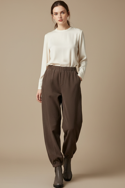 Pantalon Chinois Marron Ample Élastique Confortable Femme - Cordé