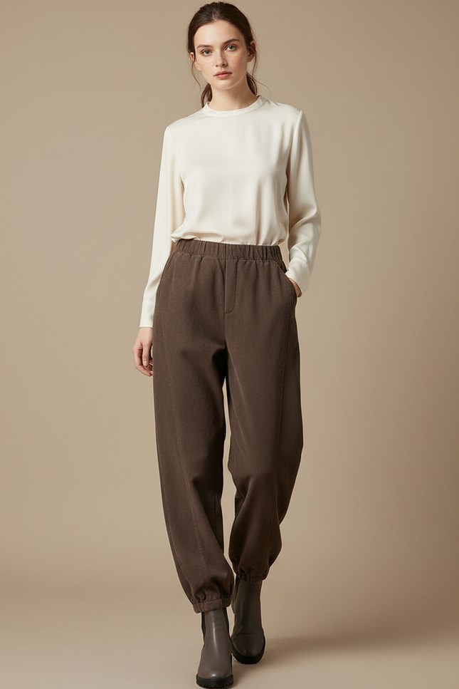 Pantalon Chinois Marron Ample Élastique Confortable Femme - Cordé