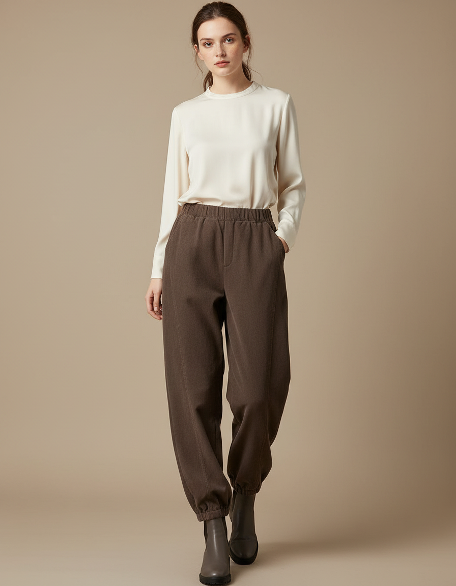 Pantalon Chinois Marron Ample Élastique Confortable Femme - Cordé