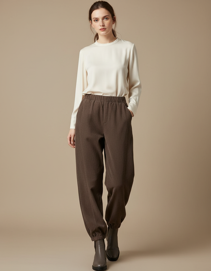 Pantalon Chinois Marron Ample Élastique Confortable Femme - Cordé
