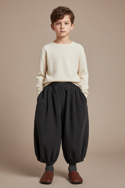 Pantalon Chinois Côtelé Ample Noir Enfant Rétro - Cordé