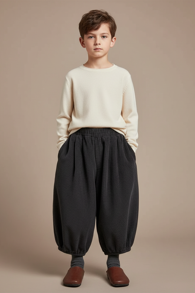 Pantalon Chinois Côtelé Ample Noir Enfant Rétro - Cordé
