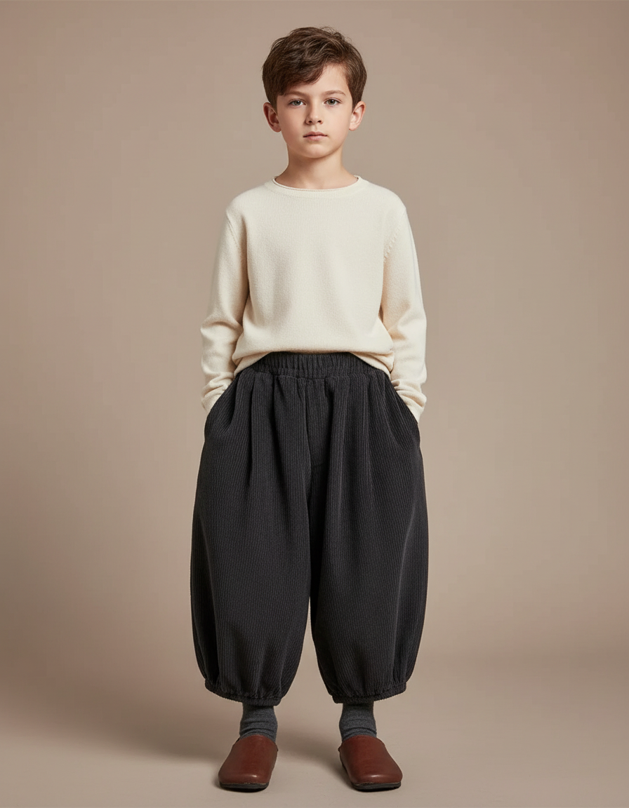 Pantalon Chinois Côtelé Ample Noir Enfant Rétro - Cordé