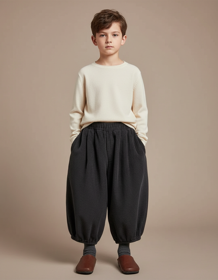 Pantalon Chinois Côtelé Ample Noir Enfant Rétro - Cordé